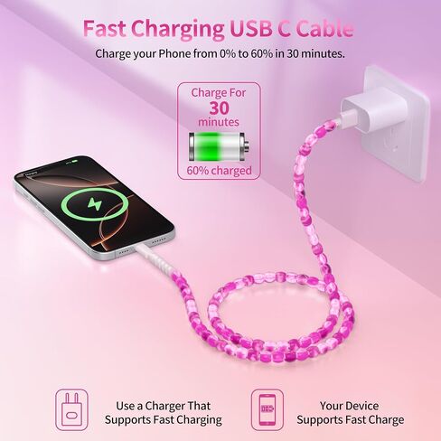 SAMONPOW USB C Cable 60W USB A to Type C Charger Cord Fast Charging Beaded 3.3FT USB C Cable for iPhone 16 15 Pro Max Plus, for Samsung Galaxy S25 S24 S23 and More, Champagne Gold Color in Saudi Arabia