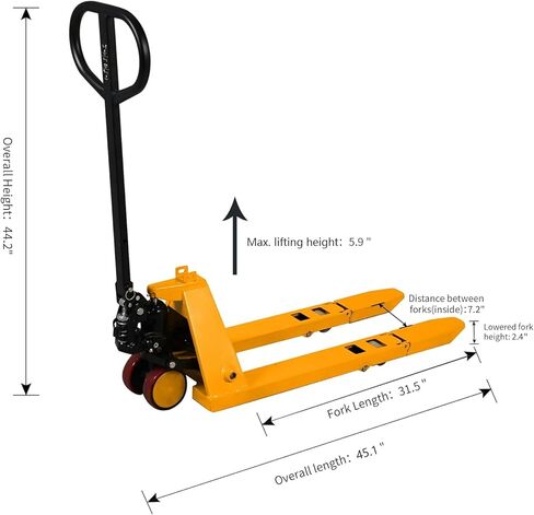 شاحنات Tory Carrier Mini Pallet Jack، سعة 2200 رطل 31.5 بوصة × 15 بوصة، رافعة يدوية ضيقة صغيرة الحجم، شوكات ومقبض قابل للطي، برتقالي in Kuwait