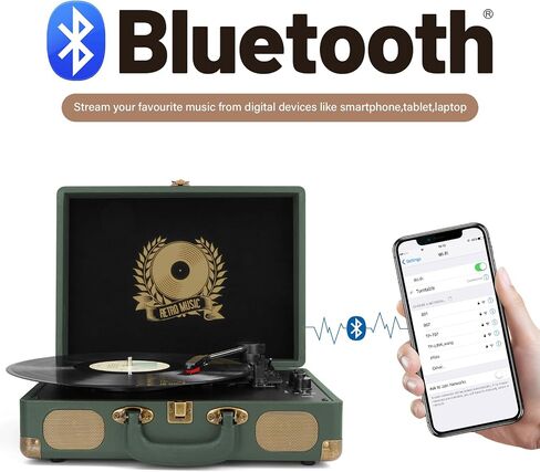 Vinyl Record Player 3-Speed Bluetooth Suitcase Portable Belt-Driven, Supports Bluetooth, RCA Output, 3.5mm aux-in and Headphone Jack and MP3, Mobile Phones Music Playback in Saudi Arabia