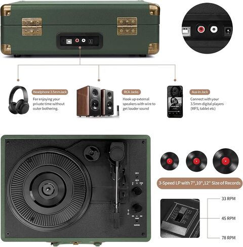 Vinyl Record Player 3-Speed Bluetooth Suitcase Portable Belt-Driven, Supports Bluetooth, RCA Output, 3.5mm aux-in and Headphone Jack and MP3, Mobile Phones Music Playback in Saudi Arabia