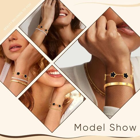 Women Gold Bracelets Jewelry Set - 18K Gold Plated Floral Bracelets,Stainless Steel Charm Bracelet Non-Tarnish,Adjustable lucky Chain Set Trendy Gift,Christmas Valentines Birthday Gifts for Girlfriend in Kuwait