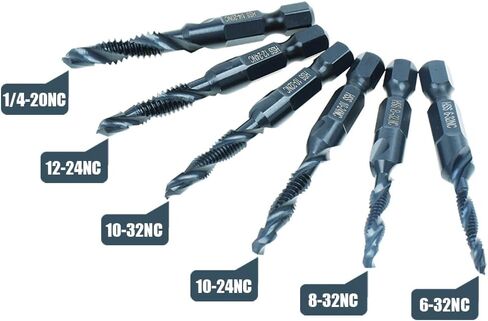 6 Pack Combination Drill Tap Bit Set Black Nitride Coated Screw Tapping Threading SAE Size 6-32NC 8-32NC 10-24NC 10-32NC 12-24NC 1/4-20NC for Power Drills & Drivers in Saudi Arabia