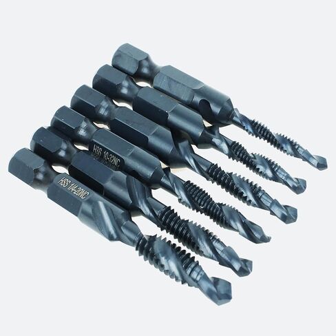 6 Pack Combination Drill Tap Bit Set Black Nitride Coated Screw Tapping Threading SAE Size 6-32NC 8-32NC 10-24NC 10-32NC 12-24NC 1/4-20NC for Power Drills & Drivers in Saudi Arabia