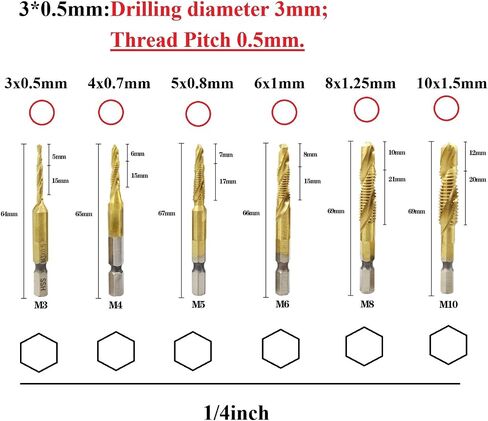 6 Pack Combination Drill Tap Bit Set, Screw Tapping, M3*0.5 M4*0.7 M5*0.8 M6*1 M8*1.25 M10*1.5mm, Drilling Dia x Thread Pitch, 1/4“ Hex Shank, Drilling Threading in Soft Metal Wood Plastic in Saudi Arabia