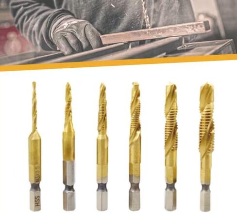6 Pack Combination Drill Tap Bit Set, Screw Tapping, M3*0.5 M4*0.7 M5*0.8 M6*1 M8*1.25 M10*1.5mm, Drilling Dia x Thread Pitch, 1/4“ Hex Shank, Drilling Threading in Soft Metal Wood Plastic in Saudi Arabia