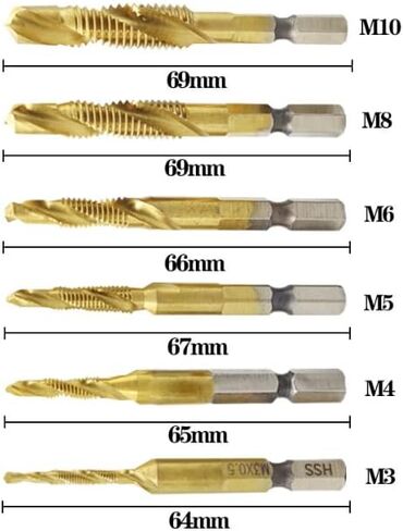 6 Pack Combination Drill Tap Bit Set, Screw Tapping, M3*0.5 M4*0.7 M5*0.8 M6*1 M8*1.25 M10*1.5mm, Drilling Dia x Thread Pitch, 1/4“ Hex Shank, Drilling Threading in Soft Metal Wood Plastic in Saudi Arabia