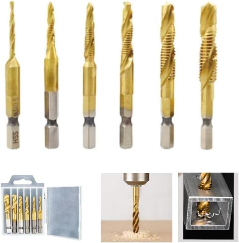 6 Pack Combination Drill Tap Bit Set, Screw Tapping, M3*0.5 M4*0.7 M5*0.8 M6*1 M8*1.25 M10*1.5mm, Drilling Dia x Thread Pitch, 1/4“ Hex Shank, Drilling Threading in Soft Metal Wood Plastic in Saudi Arabia