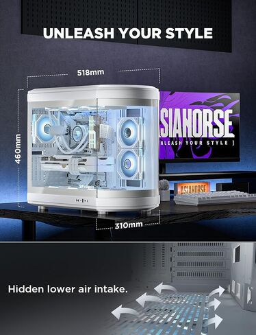 ASIAHORSE ATX PC CASE DUAL DUARY RAMBON 180 ° CULLE VIEL CASL GLASS GLASE PC مع منفذ TYPE-C ، ودعم المبرد 360 مم ، و RTX 40 متوافق ، وعالي تدفق الهواء المتوسط ​​ATX PC. in Kuwait