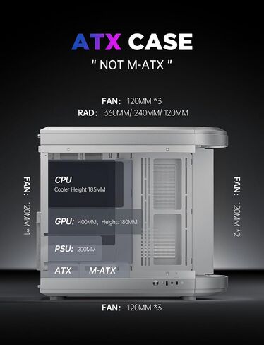 ASIAHORSE ATX PC CASE DUAL DUARY RAMBON 180 ° CULLE VIEL CASL GLASS GLASE PC مع منفذ TYPE-C ، ودعم المبرد 360 مم ، و RTX 40 متوافق ، وعالي تدفق الهواء المتوسط ​​ATX PC. in Kuwait