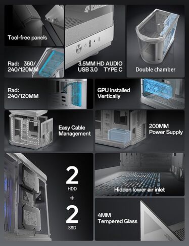 ASIAHORSE ATX PC CASE DUAL DUARY RAMBON 180 ° CULLE VIEL CASL GLASS GLASE PC مع منفذ TYPE-C ، ودعم المبرد 360 مم ، و RTX 40 متوافق ، وعالي تدفق الهواء المتوسط ​​ATX PC. in Kuwait
