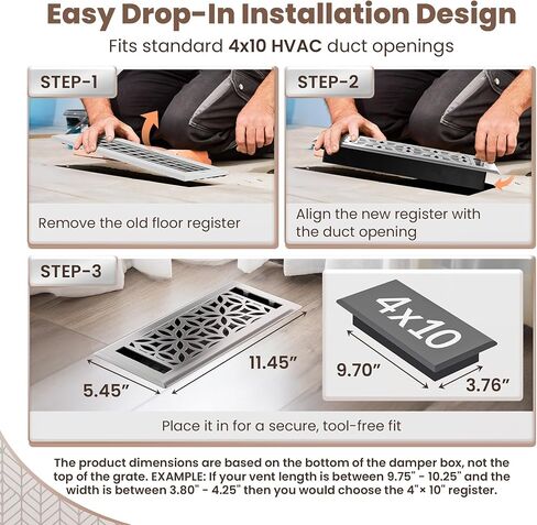 Floor Register 4x10 Vent Cover – 8 Pack – Heavy-Duty Steel, Rustproof & Walkable Grates, Easy Drop-in Install, Adjustable Air Supply Switch - Decorative Straight Line Design, Textured Black in Kuwait