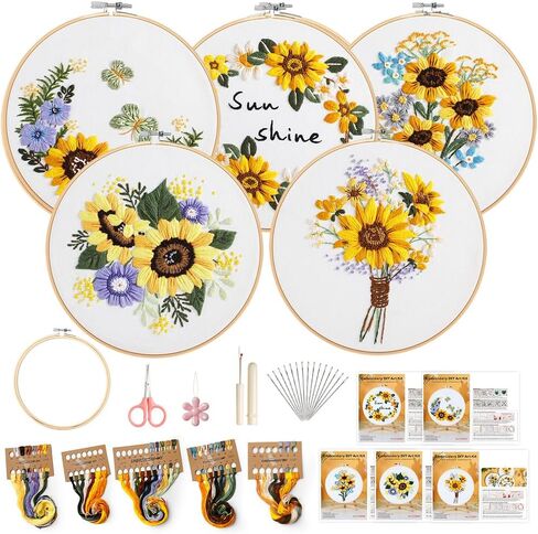 Embroidery Kit, 4 Sets Cross Stitch Kits for Beginners with Stamped Flower Pattern, Starter Kits for Adults Hand Craft Lover with Embroidery Hoop, Instructions and Threads in Kuwait