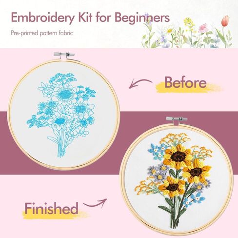 Embroidery Kit, 4 Sets Cross Stitch Kits for Beginners with Stamped Flower Pattern, Starter Kits for Adults Hand Craft Lover with Embroidery Hoop, Instructions and Threads in Kuwait