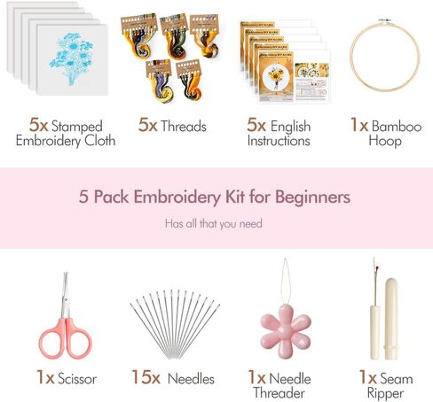 Embroidery Kit, 4 Sets Cross Stitch Kits for Beginners with Stamped Flower Pattern, Starter Kits for Adults Hand Craft Lover with Embroidery Hoop, Instructions and Threads in Kuwait