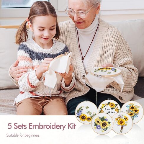 Embroidery Kit, 4 Sets Cross Stitch Kits for Beginners with Stamped Flower Pattern, Starter Kits for Adults Hand Craft Lover with Embroidery Hoop, Instructions and Threads in Kuwait