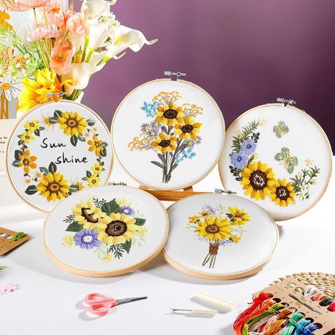 Embroidery Kit, 4 Sets Cross Stitch Kits for Beginners with Stamped Flower Pattern, Starter Kits for Adults Hand Craft Lover with Embroidery Hoop, Instructions and Threads in Kuwait