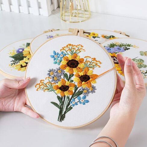 Embroidery Kit, 4 Sets Cross Stitch Kits for Beginners with Stamped Flower Pattern, Starter Kits for Adults Hand Craft Lover with Embroidery Hoop, Instructions and Threads in Kuwait