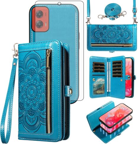 حالة هاتف ASUWISH لـ Motorola Moto G Stylus 5G 2024 ZIPPER WALLET غطاء خلايا مغناطيسي قابلة للفصل مع حامي الشاشة الزجاجية المتقلب Crossbody Lanyard Mandala Mandala Holder G5 Women Gray in Saudi Arabia