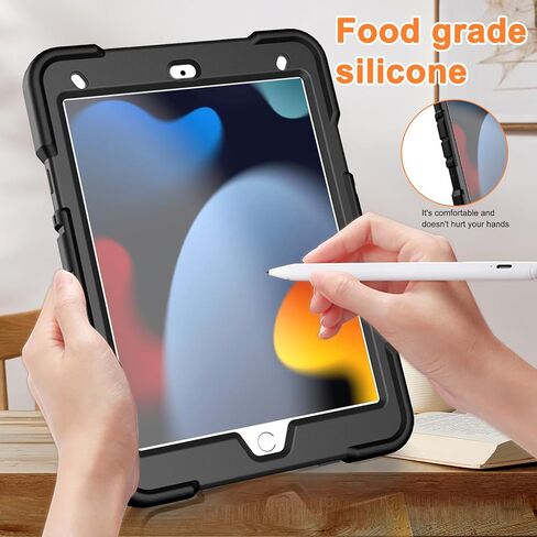 for iPad 9th/8th/7th Generation Case 10.2" Inch with Pen Holder, Handle Shoulder Strap,360 Rotating Stand Rugged Rugged Protective Case 10.2" Cover for iPad 9th/8th/7th Gen.(Black) in Kuwait