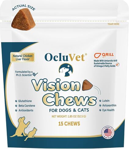 Vision Chews Eye Supplements for Dogs & Cats with Omega 3 Krill, Astaxantin, Choline, Lutein, Glutathione, Cat Vision Supplement & Dog Eye Supplements, Chicken Liver Flavor, 60 Chews, 3.5g Each in Kuwait