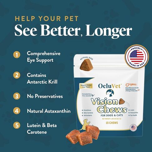 Vision Chews Eye Supplements for Dogs & Cats with Omega 3 Krill, Astaxantin, Choline, Lutein, Glutathione, Cat Vision Supplement & Dog Eye Supplements, Chicken Liver Flavor, 60 Chews, 3.5g Each in Kuwait