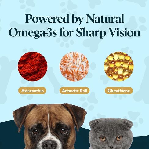 Vision Chews Eye Supplements for Dogs & Cats with Omega 3 Krill, Astaxantin, Choline, Lutein, Glutathione, Cat Vision Supplement & Dog Eye Supplements, Chicken Liver Flavor, 60 Chews, 3.5g Each in Kuwait