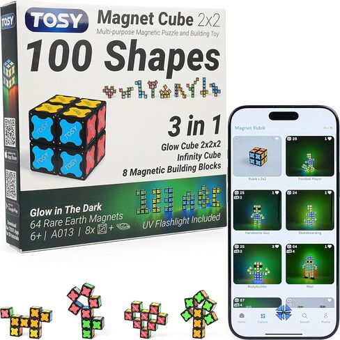 TOSY Magnet Cube 2x2 - 64 Magnets, 8 Building Blocks, 2 in 1 Toy: 2x2x2 Puzzle Cube and Customizable Infinity Cube, Glowing, UV Flashlight Accessory, Fidget/STEAM Toy, Easter Birthday Gift, 4-Pack in Saudi Arabia