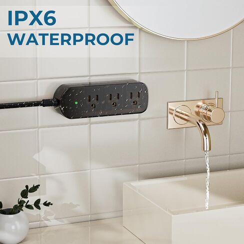 Outdoor Power Strip Weatherproof, Surge Protector with 3 Wide Outlets, 1875W/15A Overload Protection Switch,6FT Flat Plug Multi-Plug Outdoor Extension Cord for Indoor Outdoor, UL FCC Listed in Saudi Arabia