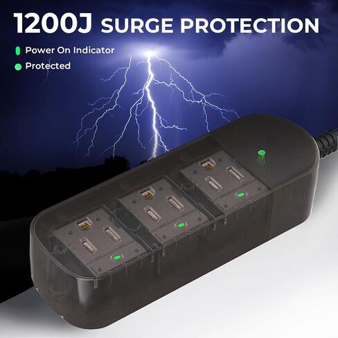 Outdoor Power Strip Weatherproof, Surge Protector with 3 Wide Outlets, 1875W/15A Overload Protection Switch,6FT Flat Plug Multi-Plug Outdoor Extension Cord for Indoor Outdoor, UL FCC Listed in Saudi Arabia