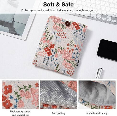 MoKo 6-7" Embroidered Daisy Padded eReader Sleeve Tablet Bag Pouch for eReader Paperwhite 11th/10th Gen, 7" eReader Colorsoft Signature Edition 2024, Voyage/Kobo eReader, Beige. in Kuwait