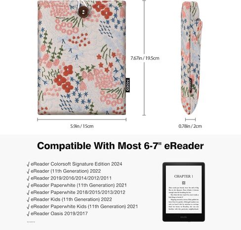 MoKo 6-7" Embroidered Daisy Padded eReader Sleeve Tablet Bag Pouch for eReader Paperwhite 11th/10th Gen, 7" eReader Colorsoft Signature Edition 2024, Voyage/Kobo eReader, Beige. in Kuwait