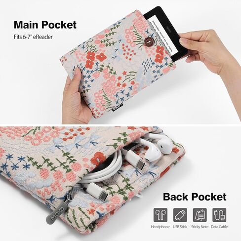 MoKo 6-7" Embroidered Daisy Padded eReader Sleeve Tablet Bag Pouch for eReader Paperwhite 11th/10th Gen, 7" eReader Colorsoft Signature Edition 2024, Voyage/Kobo eReader, Beige. in Kuwait