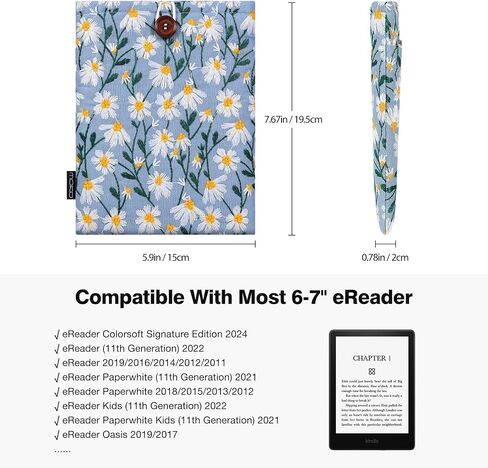 MoKo 6-7" Embroidered Daisy Padded eReader Sleeve Tablet Bag Pouch for eReader Paperwhite 11th/10th Gen, 7" eReader Colorsoft Signature Edition 2024, Voyage/Kobo eReader, Beige. in Kuwait