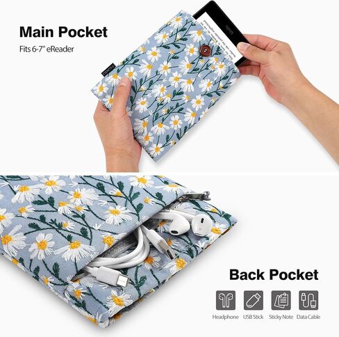 MoKo 6-7" Embroidered Daisy Padded eReader Sleeve Tablet Bag Pouch for eReader Paperwhite 11th/10th Gen, 7" eReader Colorsoft Signature Edition 2024, Voyage/Kobo eReader, Beige. in Kuwait