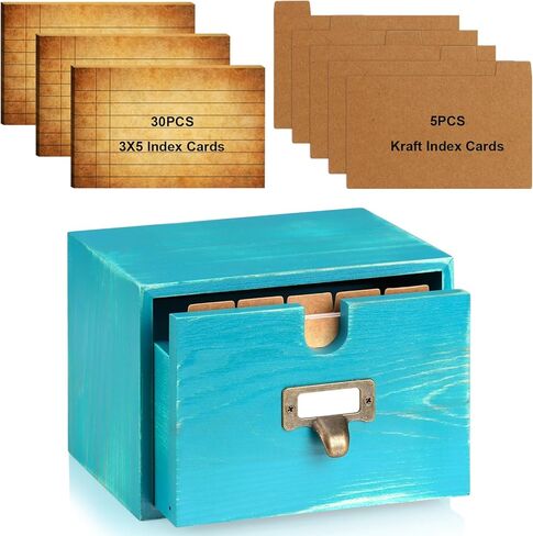 DLUGOPIS 3x5 بطاقات الفهرس حامل WOOD INDEX INDEX منظم مربع حامل بطاقة فلاش حامل البطاقات مع درج 30 PCS بطاقات مكتبة خمر 5 Kraft Dividers لبطاقات هدايا مكتب المنزل in Kuwait