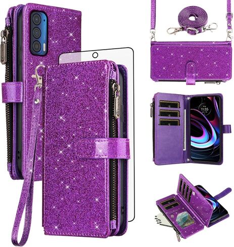 Asuwish Phone Case for Motorola Moto Edge 2021/MotoEdge 5G UW 2021 Wallet Cell Cover with Tempered Glass Screen Protector Strap Bling Glitter Zipper Flip Credit Card Holder XT2141-1 Women Rose Gold in Saudi Arabia
