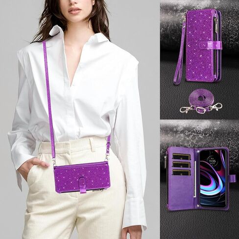 Asuwish Phone Case for Motorola Moto Edge 2021/MotoEdge 5G UW 2021 Wallet Cell Cover with Tempered Glass Screen Protector Strap Bling Glitter Zipper Flip Credit Card Holder XT2141-1 Women Rose Gold in Saudi Arabia