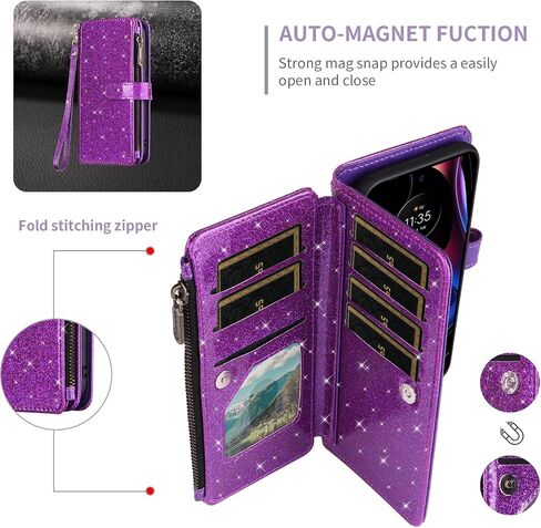Asuwish Phone Case for Motorola Moto Edge 2021/MotoEdge 5G UW 2021 Wallet Cell Cover with Tempered Glass Screen Protector Strap Bling Glitter Zipper Flip Credit Card Holder XT2141-1 Women Rose Gold in Saudi Arabia