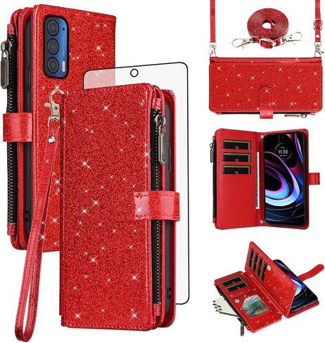 Asuwish Phone Case for Motorola Moto Edge 2021/MotoEdge 5G UW 2021 Wallet Cell Cover with Tempered Glass Screen Protector Strap Bling Glitter Zipper Flip Credit Card Holder XT2141-1 Women Rose Gold in Saudi Arabia