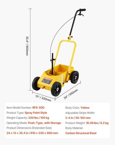 آلة وضع علامات الخط الشريطي VEVOR، 24 × 13 × 35.4 بوصة، 4 عجلات، آلة خط الشريط شديدة التحمل مع عرض قابل للتعديل 2-4 بوصة، تجعل خط الحافة واضحًا للطرق، مواقف السيارات، المجال الرياضي، أصفر in Saudi Arabia