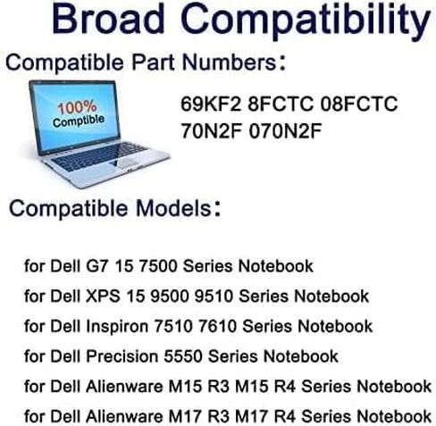 69KF2 86WH استبدال البطارية لـ Dell XPS 15 9500 9510 9520 G15 5510 5511 5515 5520 5521 Precision 5550 5560 5570 G5 G7 G16 P872 P87F in Kuwait