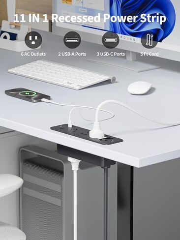 Recessed Power Strip with 6 Outlets 5 USB Ports (3 USB C), Furniture Flush Mount Desk Outlet, 5 ft Flat Plug Extension Cord, Desktop Charging Station for Nightstand, Side Table, White in Saudi Arabia