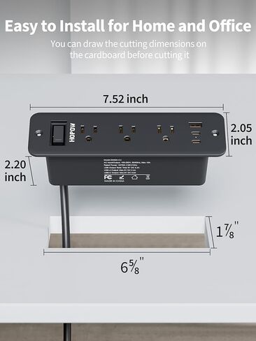 Recessed Power Strip with 6 Outlets 5 USB Ports (3 USB C), Furniture Flush Mount Desk Outlet, 5 ft Flat Plug Extension Cord, Desktop Charging Station for Nightstand, Side Table, White in Saudi Arabia