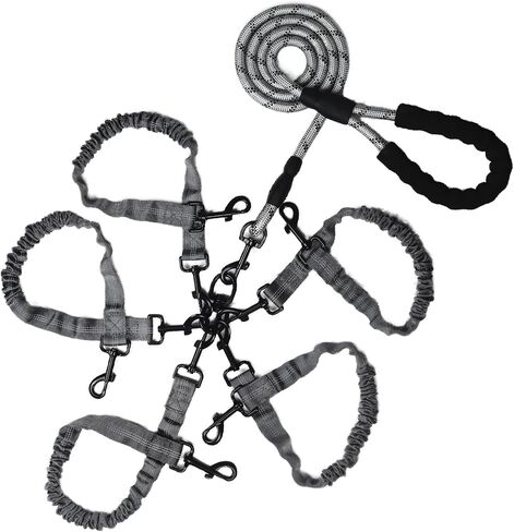 الكلب المزدوج المقاود ، حبل bungee أربعة مقود مع مقبض مبطن قابل للإزالة لـ 4 كلاب ، مقابض خالية من التشابك ، مبطنة ، التحكم الدوار 360 درجة (أسود 5 طريقة) in Kuwait