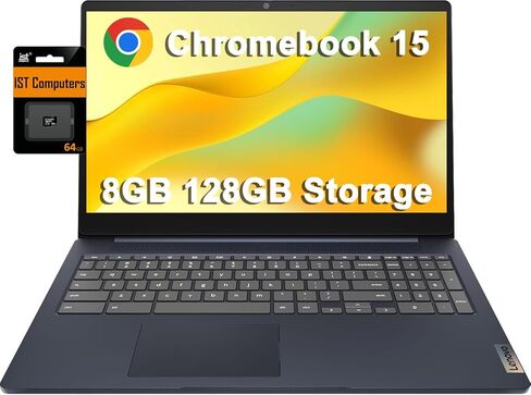 Lenovo Chromebook 15 (15.6" FHD, 8GB RAM, 128GB Storage (64GB eMMC + 64GB SD Card), 2TB Cloud Storage, Intel Celeron), Home & Student Laptop, Webcam, 10-Hr Long Battery Life, Wi-Fi 6, Chrome OS in Kuwait