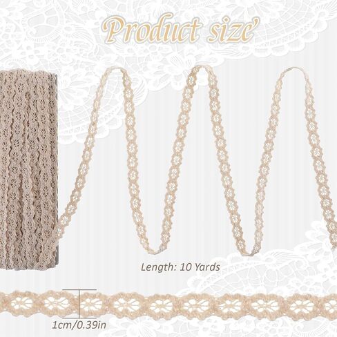 Lace Trim Ribbon, Cotton Lace Ribbon Vintage Ribbon Cotton Lace Trim, Crochet Lace Trim Bridal Wedding Decoration Beige Lace Trim for Scrapbooking Gift Package DIY (1.6CM,10 Yards) in Saudi Arabia