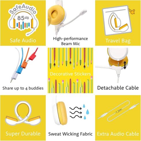 BuddyPhones School+ Wireless Kids Headphones, SafeAudio 75/85/94dB, Detachable Boom Mic, Cable Sharing, Travel Bag, Perfect for School, Travel & iPad (Blue) in Saudi Arabia