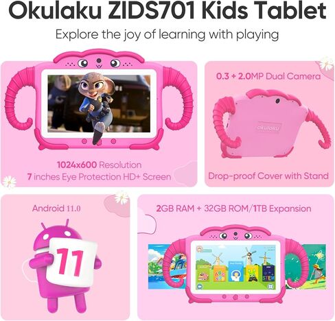 okulaku Kids Tablet 7 inch Tablet for Kids 3-7 Toddler Tablet with Case WiFi, Kid Learning Tablet 32GB Installed with Educational Games 64GB Expanded Child Tablet Parent Control Tablet for Boys Girls in Saudi Arabia