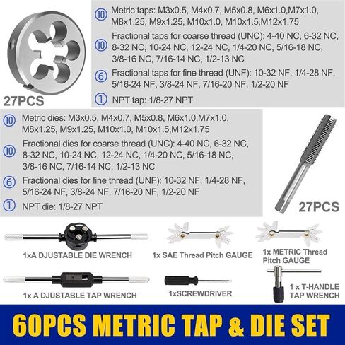 60pcs Tap and Die Set Metric and Inch Size Bearing Steel for Coarse and Fine Threads Tools Hand Tools in Saudi Arabia