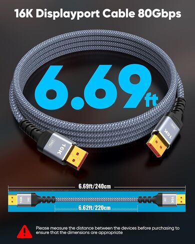Highwings 80Gbps Displayport Cable 2.1 6.6FT, 16K@60Hz, 8K@120Hz, 4K@240Hz | DP 2.1 Cable 16K Braided Cord, Compatible with HDR10 DSC 1.2a, G-Sync FreeSync Gaming PC, Gaming Monitor 5090, AMD 7900XTX in Saudi Arabia
